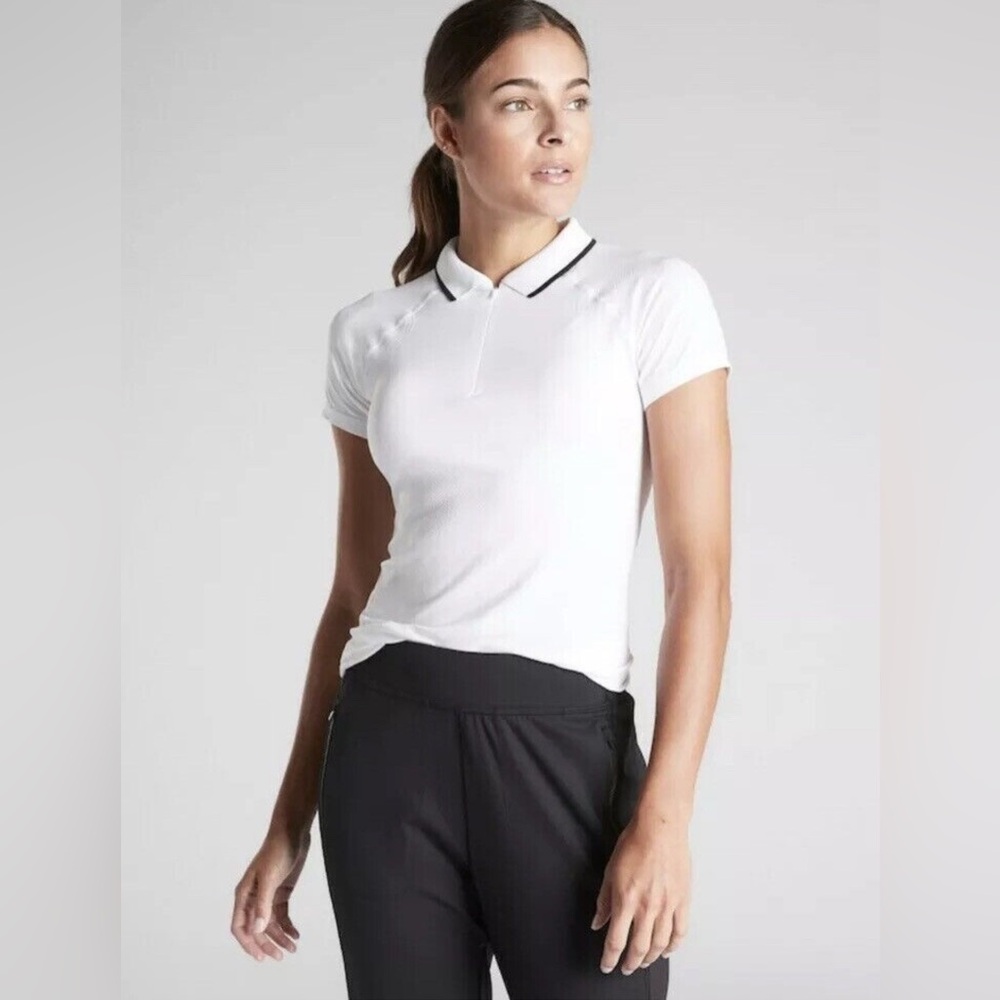 ATHLETA 🌸 Women's Momentum Polo Tee White / Black Polo Shirt Small NWT